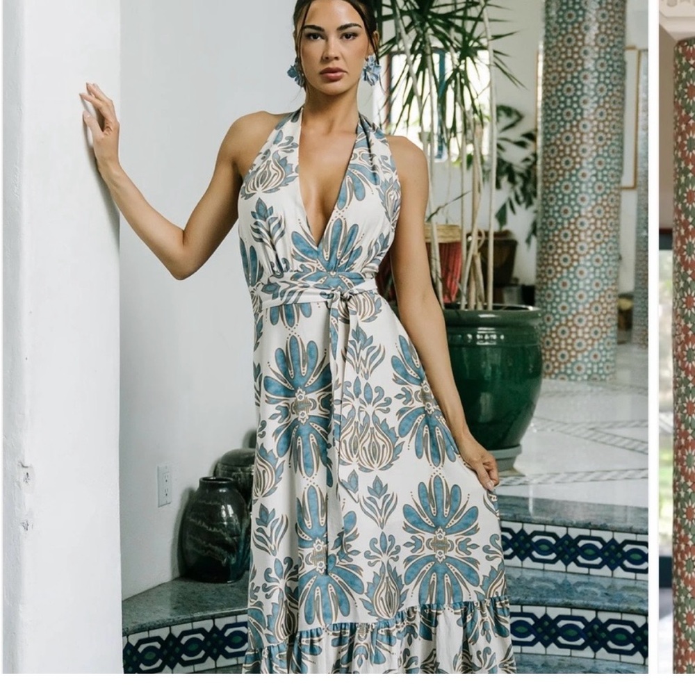 Estrella Halter Maxi Dress in Navy & Tan